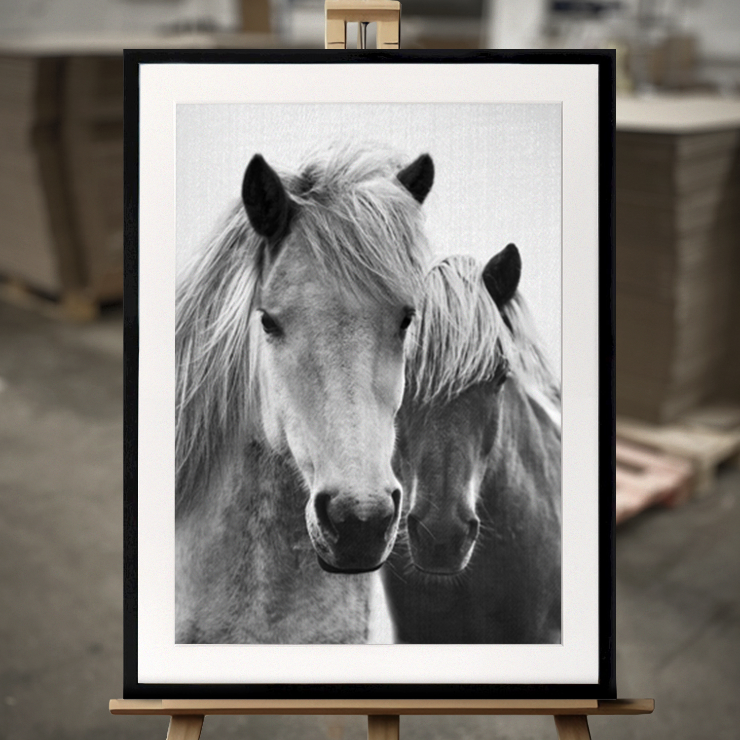 Framed Fine Art "Horses in Black & White" - Fine Art Print in 50x70 cm