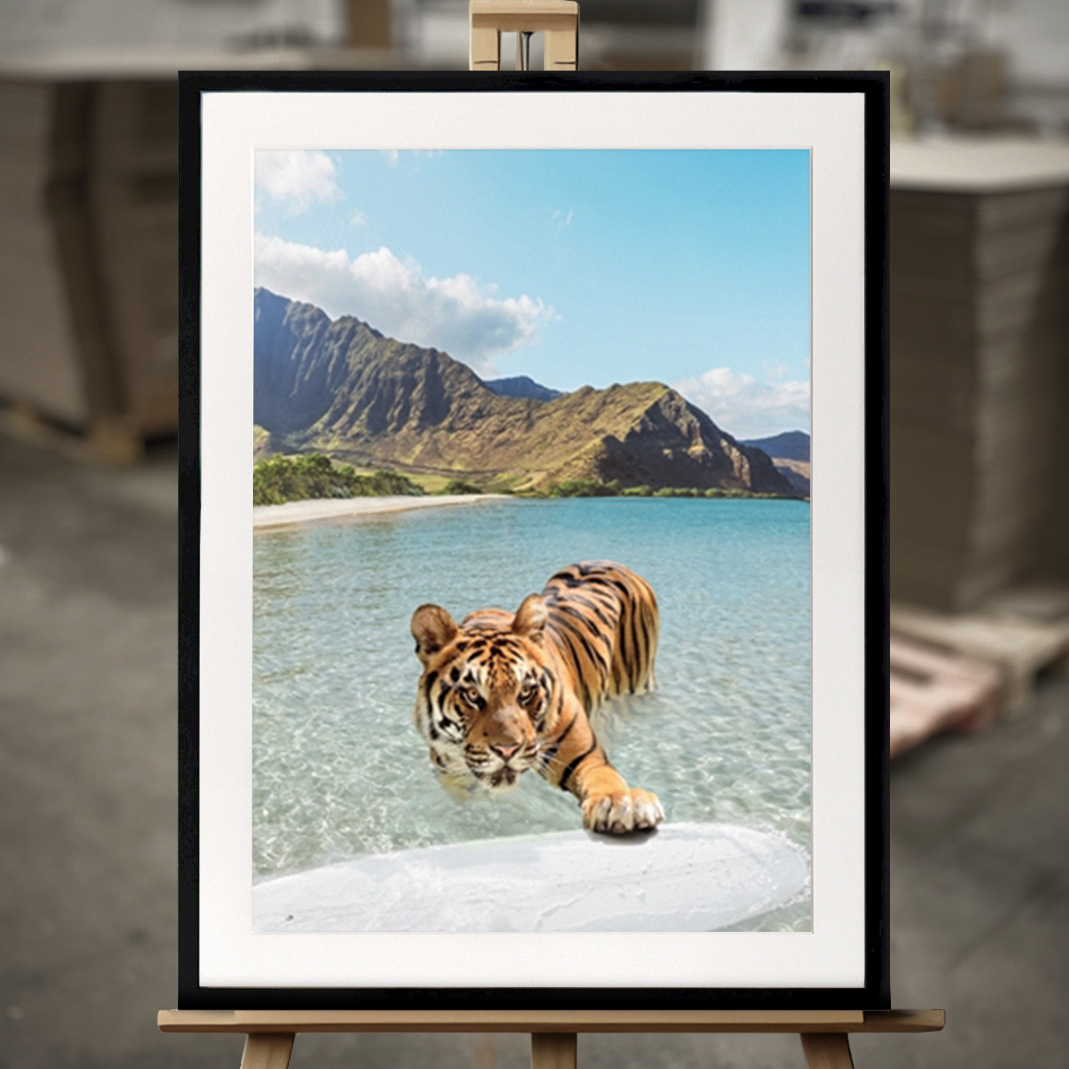 Framed Fine Art "Tiger and Surfboard" - Fine Art Print in 50x70 cm