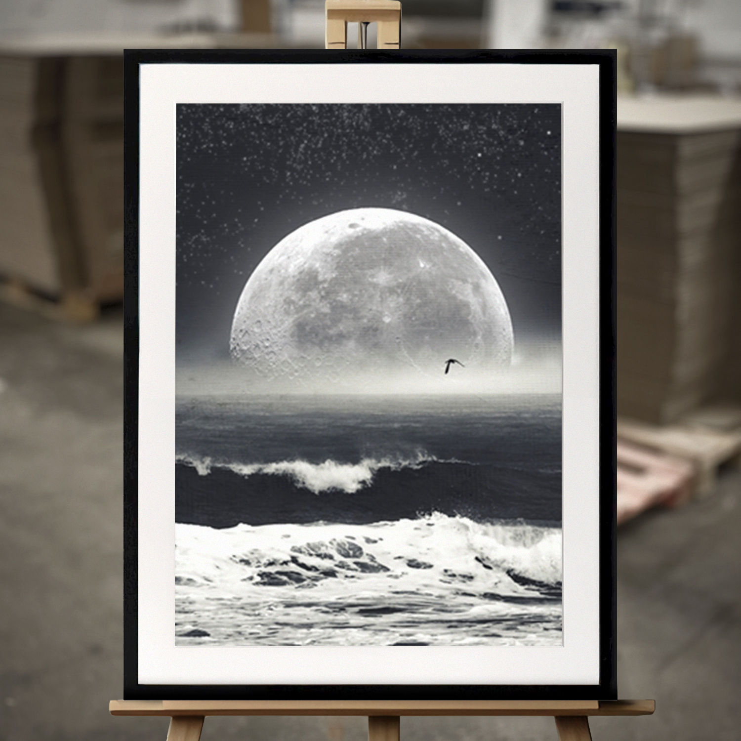 Art Prints Encadrés "Lune au-dessus de l’océan la nuit" - Impression d'Art en 50x70